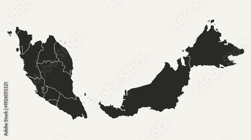 Malaysia Map Silhouette with State Borders. Detailed Vector Geographic Illustration of Peninsular and East Malaysia.
