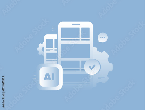 AI automation dashboard, mobile app interface screens, chatbot message bubbles and task checklist for digital productivity platform, modern ai automation flat UI design, vector illustration