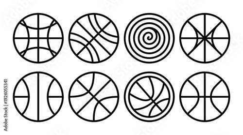 Minimalist Basketball Icons Set - Abstract Geometric Sports Ball Symbols in Line Art Vector Design