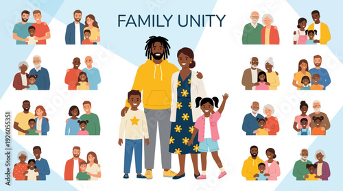 Diverse Happy Families & Generations Vector Illustration Set. Multi-Ethnic Couples, Parents, Children, and Grandparents Showcasing Unity & Love.