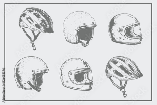 Vector hand drawn Helmets set illustration in vintage engraved style. Retro Bike Helmet, Scooty Helmet, Cycle Helmet set for creative design. Eps 10