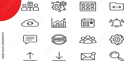 Business management and office workflow outline icon set with cloud sync, analytics, and team collaboration symbols