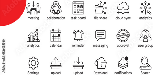 Business management and office workflow outline icon set with cloud sync, analytics, and team collaboration symbols