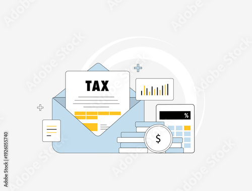 Tax payment notification with digital bill report, envelope, calculator and coin stack for finance accounting services, tax planning, savings advice for corporate compliance season vector illustration