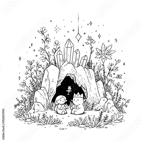 Black Cat and Kitten Sitting in Crystal Cave with Plants and Stars