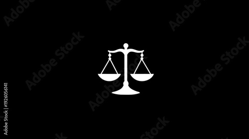 Minimalist vector icon of white balance scales on a black background. Symbolizing justice, law, fairness, equality, and measurement.