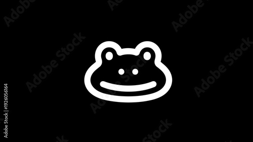 Minimalist White Outline Frog Head Icon on Black Background. Simple Amphibian Graphic Design Element.