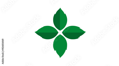 Minimalist graphic of four vibrant green leaves arranged in a symmetrical pattern, representing nature, organic growth, and freshness.