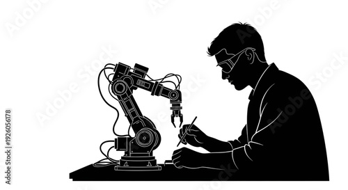 Silhouette of a male scientist in safety glasses working on a precision robotic arm at a laboratory table
