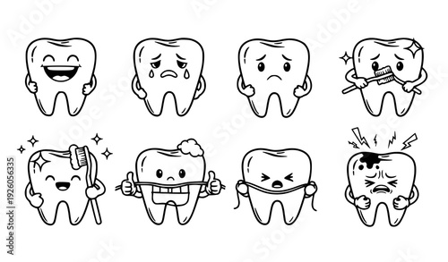 Cute Cartoon Tooth Characters Black and White Vector Dental Mascot Set