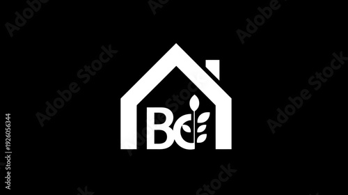 Minimalist eco house logo with plant sprout. Green home, sustainable living, nature-friendly real estate and property symbol.