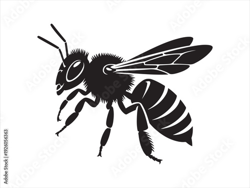 A honey bee icon, Black honey bee silhouette, detailed wings and striped body, insect, nature, bee, flying, honey bee