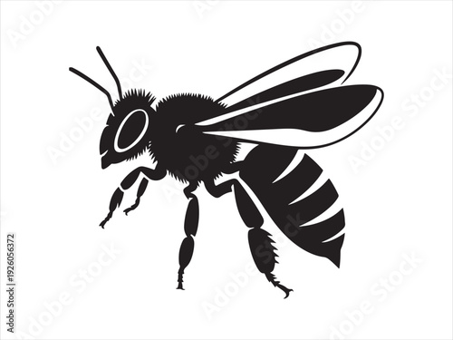 A honey bee icon, Black honey bee silhouette, detailed wings and striped body, insect, nature, bee, flying, honey bee