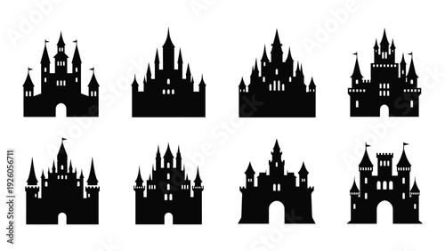 A collection of eight black castle silhouettes on a white background isolated on white background, Vector