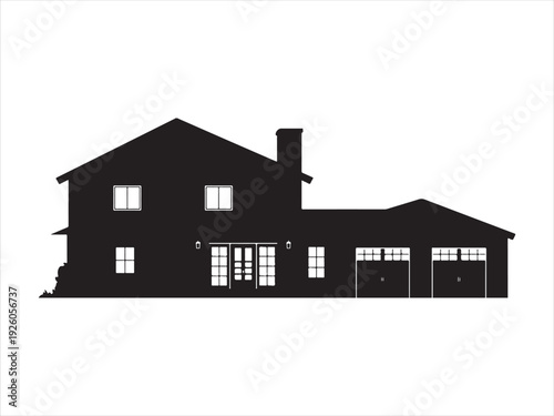 Modern Family House Silhouette with Garage, Black silhouette illustration of modern suburban family house vector illustration