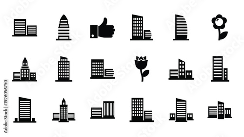 A collection of black and white city icons isolated on white background, Vector