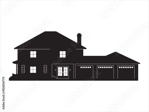Two story family home vector silhouette, Detailed modern suburban house silhouette black. vector illustration