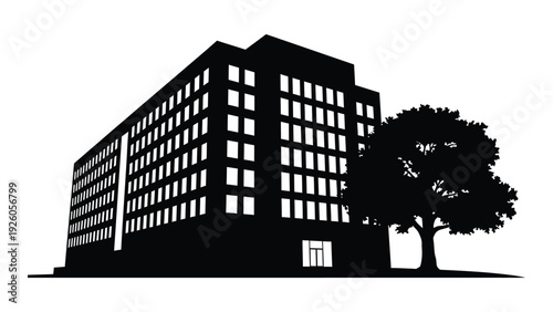 A large building with a tree in front of it isolated on white background, Vector