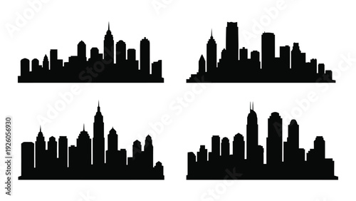 Four city skylines in silhouette on white background isolated on white background, Vector