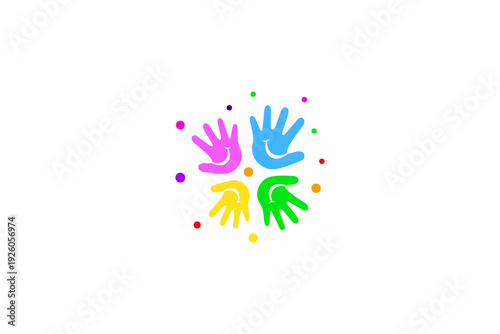 Child's palm logo with a cheerful smile decorated with colorful bubbles