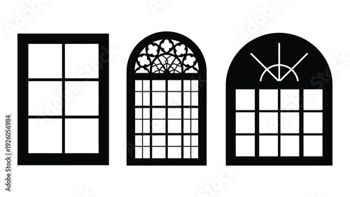 Three different types of windows are shown in a row isolated on white background, Vector