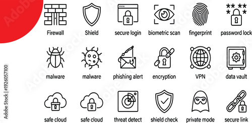 Cyber security and data protection outline icons set including firewall, vpn, encryption and biometric scan symbols