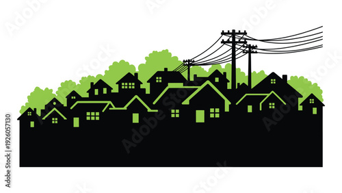 A black and green silhouette of a suburban neighborhood isolated on white background, Vector