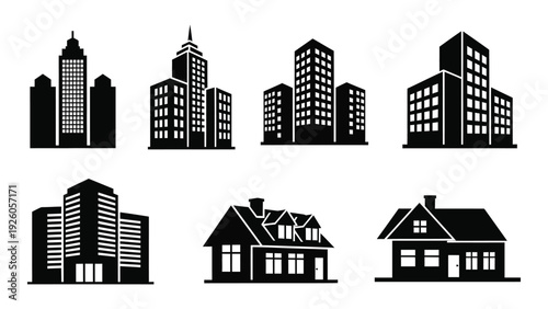 A collection of black and white city and house silhouettes isolated on white background, Vector