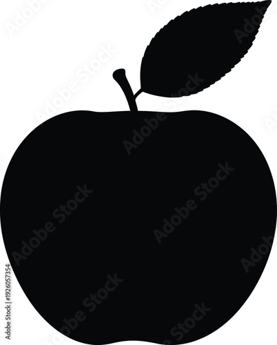 A black silhouette of a ripe apple with a leaf