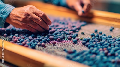 Hands sorting harvested grapes on table in winery workspace