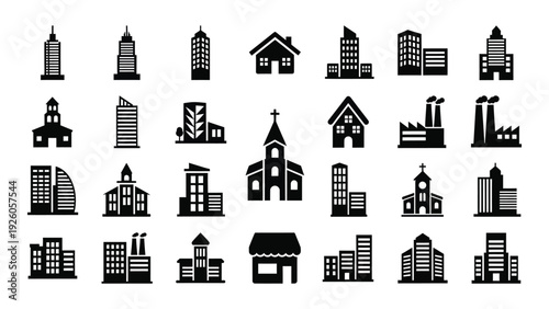 A collection of 25 black and white building icons isolated on white background, Vector