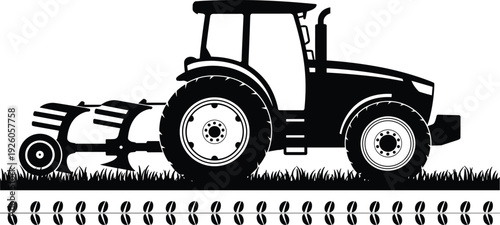 Agricultural tractor plowing field silhouette isolated on white background, farming machinery and rural harvest concept