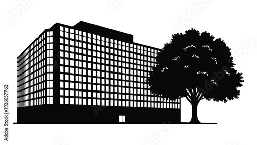 A large building with a tree in front of it isolated on white background, Vector