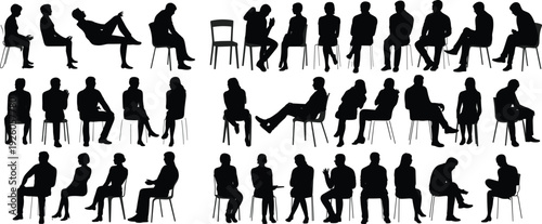 Collection of black silhouettes of people sitting on chairs in various poses Keywords: people, silhouette, sitting, chair, man