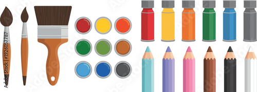 Art supplies set with paint brushes, watercolor paints and colored pencils isolated on white background illustration