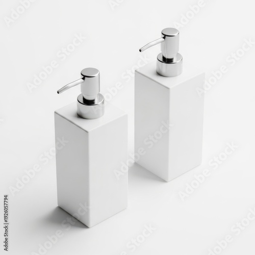 Two modern soap dispensers on white rectangular bases against a plain background