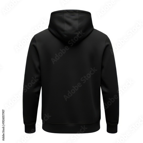 Black hooded sweatshirt with drawstrings and front pockets