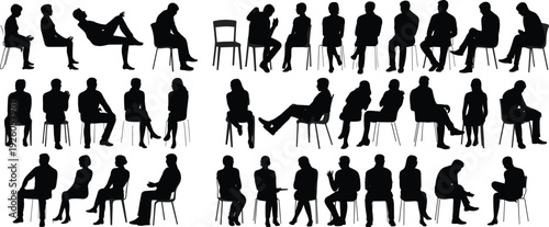 Collection of diverse black silhouettes of people sitting on chairs in various poses vector illustration