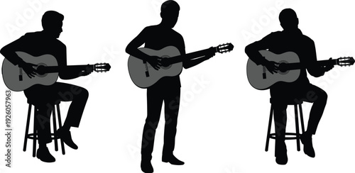 Acoustic guitar player silhouettes set, musician performing seated and standing isolated on white background illustration