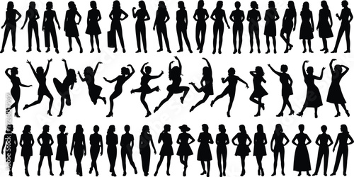 Collection of diverse female silhouettes in various poses and outfits on white background woman women