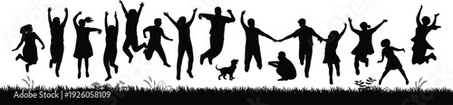 Diverse Group Of People And Dog Silhouettes Jumping Joyfully On White Background Keywords: jumping, people, group, silhouette