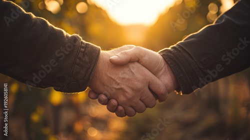 Business partners shake hands in vineyard at sunset