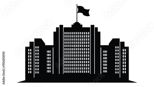 A black and white illustration of a large building with a flag on top isolated on white background, Vector