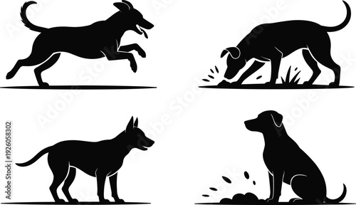 Four black silhouettes of dogs in different poses and actions on a white background puppy canine