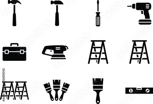 Hand tools and construction icon set, black silhouette vector of hammer, screwdriver, power drill, ladder, paintbrush, and home maintenance equipment
