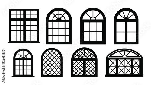 A collection of different window styles and designs isolated on white background, Vector
