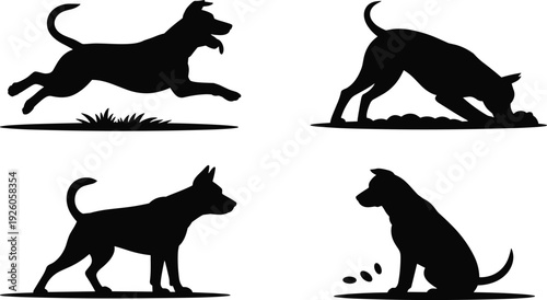 Four black silhouettes of dogs in different poses on a white background canine animal