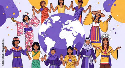 Diverse women in traditional clothing standing around the globe with hands raised in unity and celebration