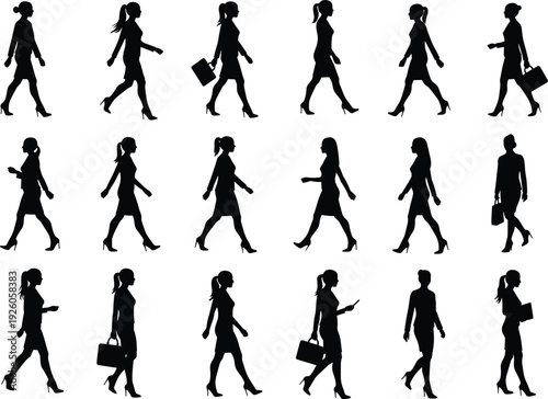 Women walking silhouettes, black and white, fashion pose, casual movement, handbag gesture, urban style, motion study, female figures, posture variety, lifestyle icon, walking stance