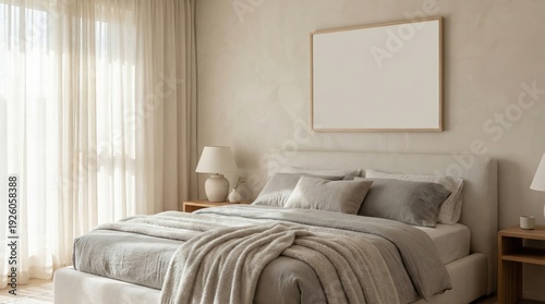 Modern minimalist bedroom interior with neutral tones cozy bedding natural light home decor lifestyle design premium poster